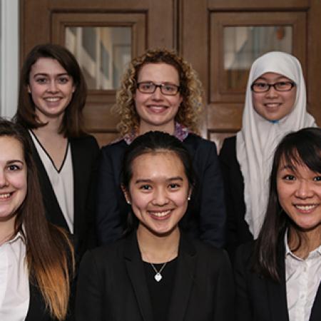 The 2015 Jessup competition Oxford team: back row (L-R) Laura King (Merton), Stefanie Wilkins (Team Coach), Sakinah Sat (St Catherine's); Front Row (L-R) Fibi Ward (Keble College), Tinny Chan (Merton), and Esther Wong (Oriel).