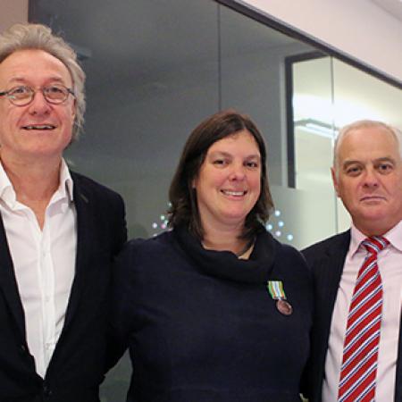 Professor Zitzmann, with the Warden, Sir Martin Taylor (R) and Sub-Warden, Professor Paterson (L) - Photo: courtesy The Department of Biochemistry, University of Oxford