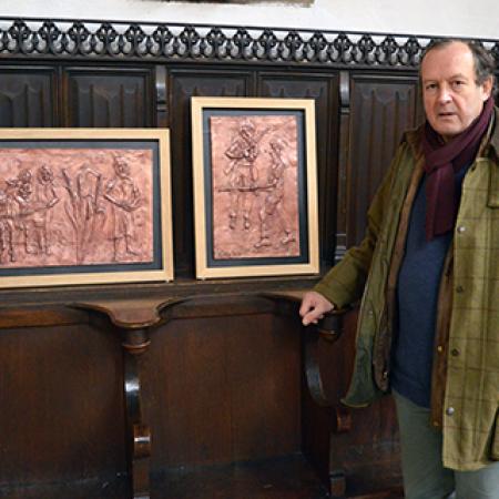 Toddy Hoare with his diptych, 'The Flight From Egypt'