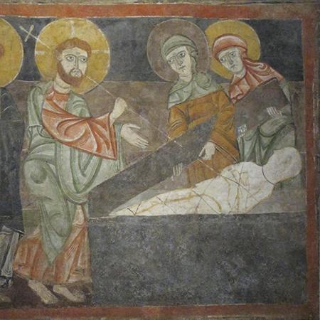 Detail from a wall painting showing Christ raising Lazarus, from the Hermitage of San Baudelio de Berlanga in Spain