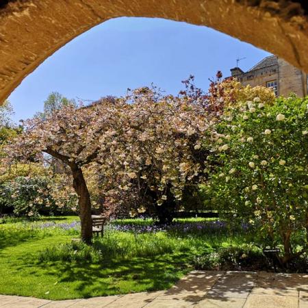 View from an archway to the Merton Chapel garden