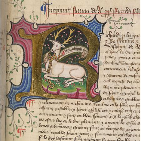 The white hart, heraldic device of King Richard II, in Merton College MS. 297B, fol. 255r (a collection of English Statutes).