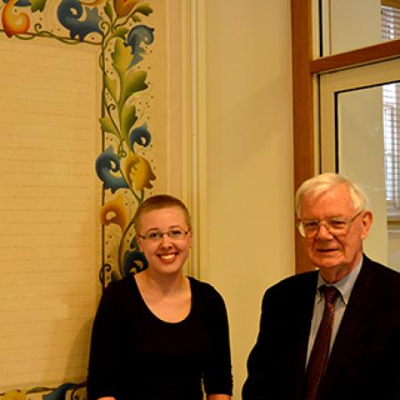 Alice Miller and David Harvey with the tapestry