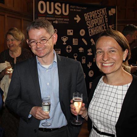 Professor Daniel Grimley at the 2016 Teaching Awards presentation, with Eden Bailey, incoming OUSU sabbatical officer for Outreach & Academic Affairs, and University College's Professor Tiffany Stern. © Oxford University Student Union 2016