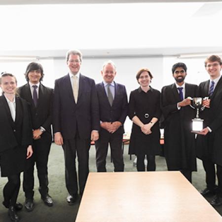 Photo: (L-R) Laura Jeffrey (Exeter 2016) & Chaitanya Kediyal (Exeter 2017); Maitland Chambers' Matthew Collings QC, Mark Cunningham QC, and Louise Hutton; and Ameer Ismail (2016) & Andrew Dixon (2016) - © Sanya Samtani