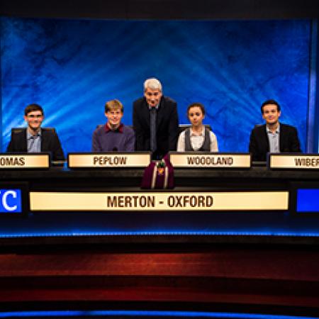 The 2017 Merton College University Challenge team with Jeremy Paxman
