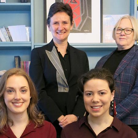 Standing, L-R: Professor Irene Tracey CBE, Warden; Dr Kate Blackmon, Sub-Warden. Seated, L-R: Francesca Lovell-Read, MCR President; Roheena Buckland, JCR President. Standing, L-R: Professor Irene Tracey CBE, Warden; Dr Kate Blackmon, Sub-Warden. Seated, L-R: Francesca Lovell-Read, MCR President; Roheena Buckland, JCR President.