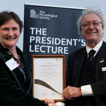 former Warden Professor Irene Tracey FMedSci CBE receiving her Honorary Fellowship from The Physiological Society