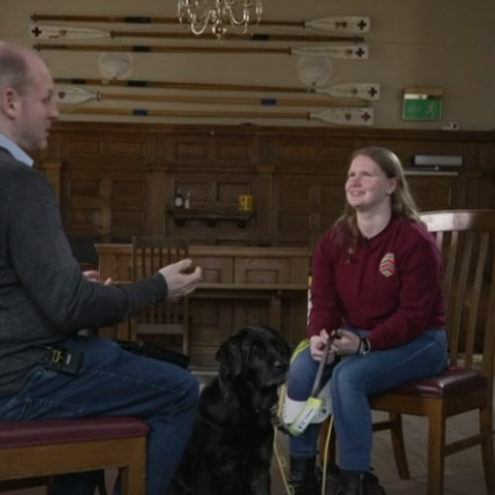 Screenshot from the BBC programme with Ella Caulfield being interviewed by the BBC
