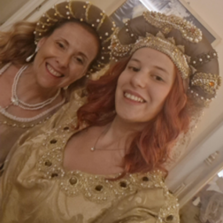 Sara and her mother in Renaissance dresses