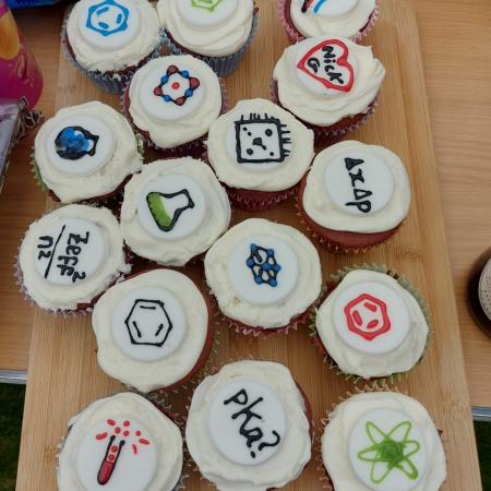 Cupcakes at the 2024 Frederick Soddy Society Garden Party cupcakes with chemistry symbols iced on them
