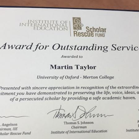 Scholar Rescue Fund award certificate Scholar Rescue Fund award certificate