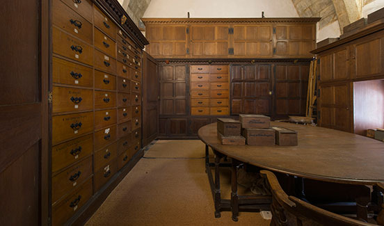 The interior of the Treasury. The 19th century drawers still house many of the college's early estate records (image credit Colin Dunn)
