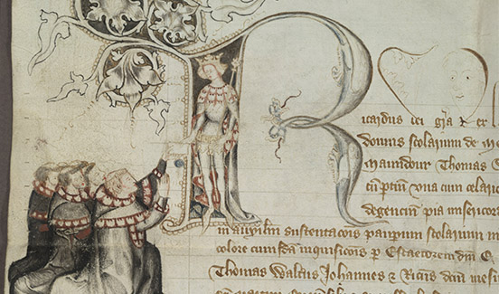 Detail from the 'Licence de mortmain' by Richard II, enabling the Fellows of Merton to fund the first 'Postmasters' at Merton (image credit John Gibbons)