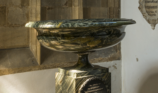 The Russian vase gifted to the college by Tsar Alexander I where it now stands in the antechapel of Merton Chapel (image credit Colin Dunn)